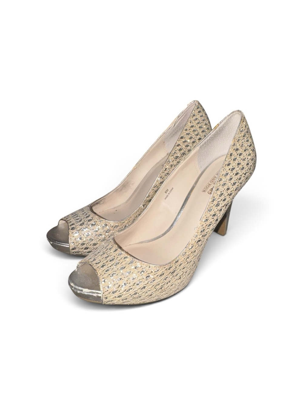 Coach And Four Women's Size 8 Peep-Toe Glitter Lace Heels in Champagne Glamour